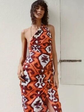 NWT Zara Ikat Midi Dress One Shoulder Cotton Resort Size S